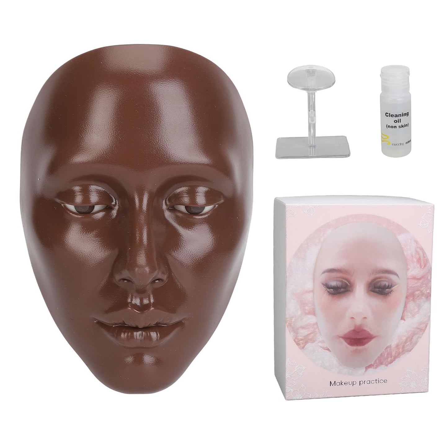 Silicone Full Face Mannequin, Makeup Mannequin Face Elastic with 20ml Makeup Remover Oil Stand for Eyelash (Black)