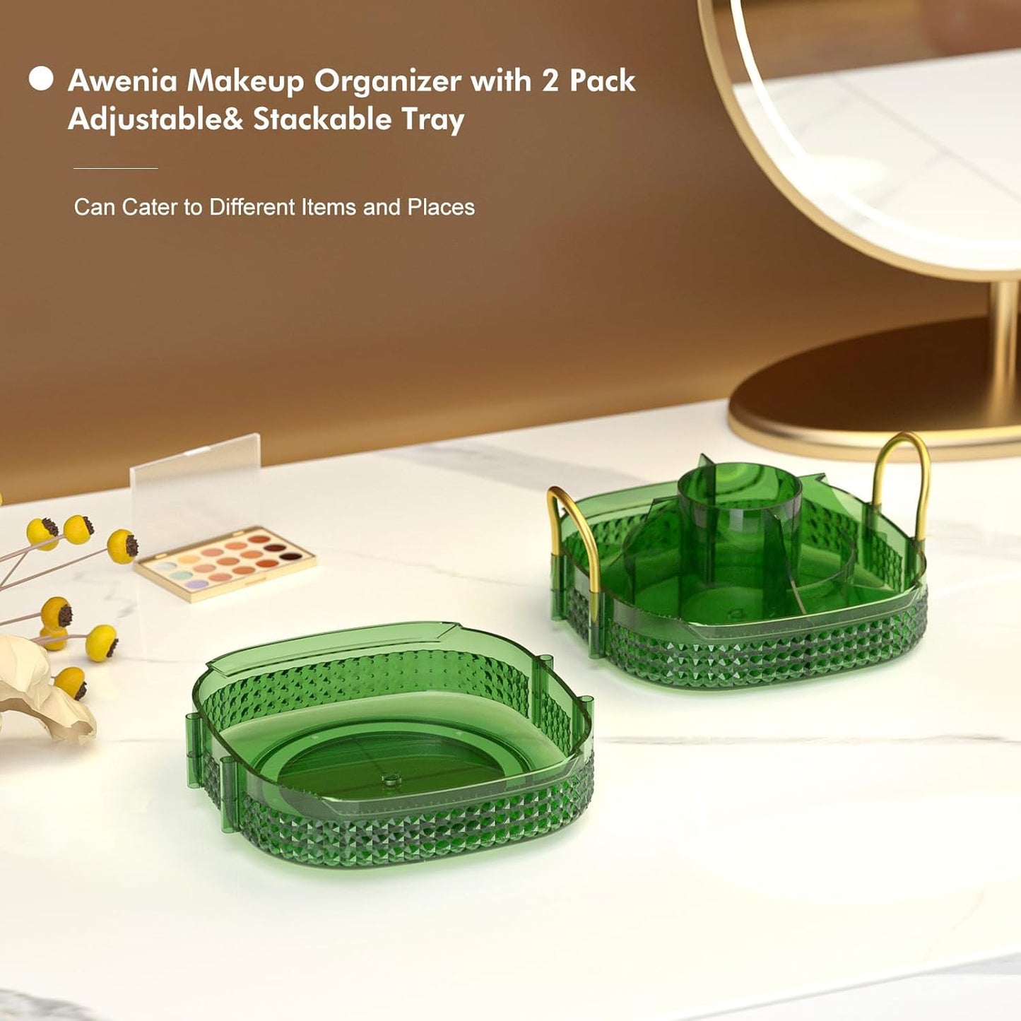 Awenia Rotating Makeup Organizer 360, Stackable Adjustable Large Capacity Cosmetic Storage Unit,Dresser Bathroom Kitchen Countertop Organizer with Metal Handle, Plus Size (Gem Green, 2 Tier)