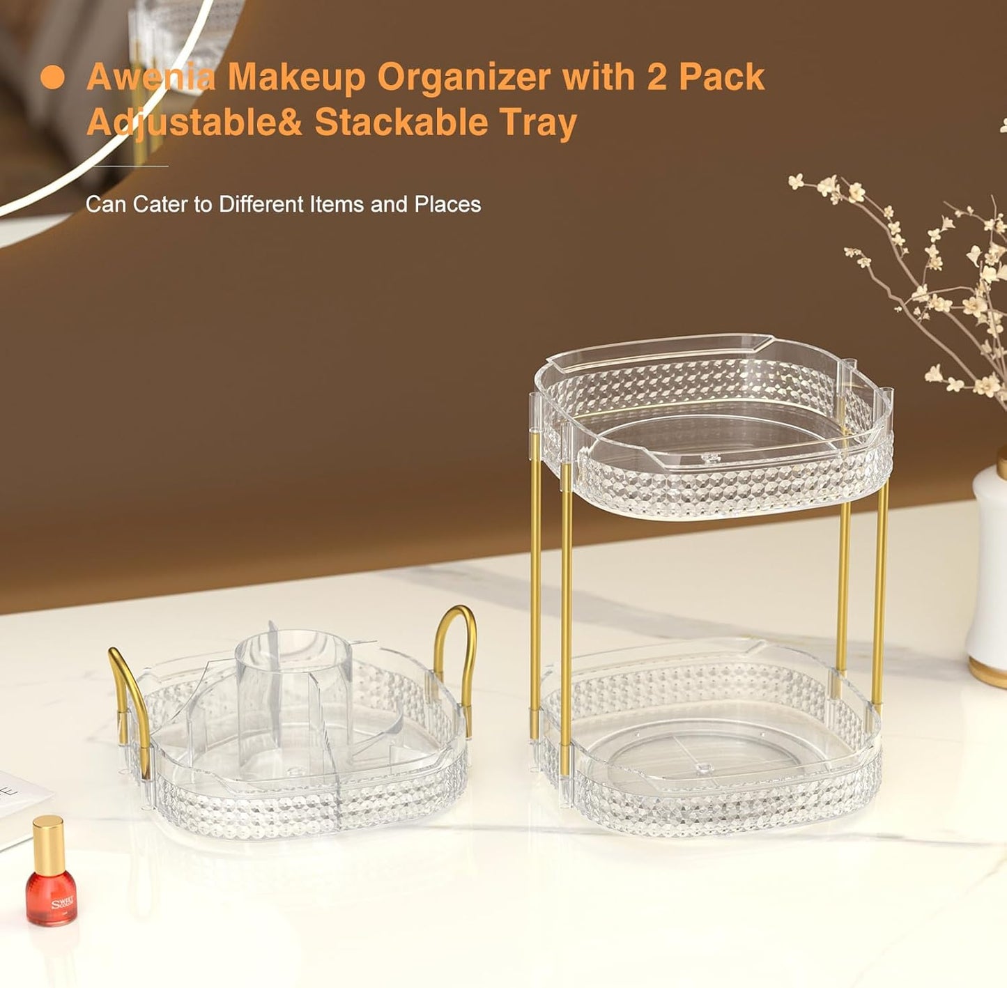 Awenia Rotating Makeup Organizer 360, Stackable Adjustable Large Capacity Cosmetic Storage Unit,Dresser Bathroom Kitchen Countertop Organizer with Metal Handle, Plus Size (Clear, 3 Tier)