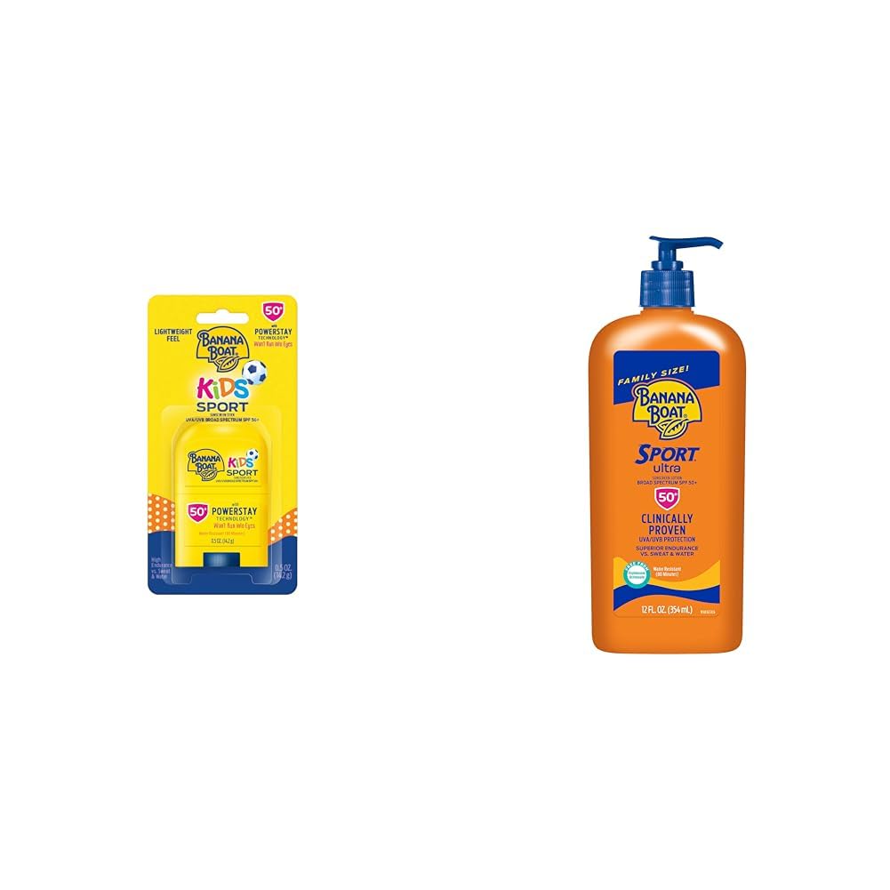 Banana Boat Kids Sport Sunscreen Stick SPF 50 Travel Size 0.5oz & Sport Ultra Sunscreen Lotion SPF 50 Family Size 12oz