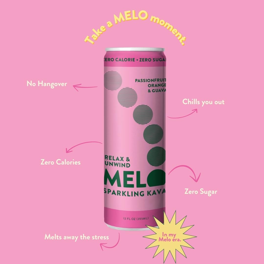 Melo Sparkling Kava Drink, Passionfruit, Orange & Guava, Sugar Free Non Alcoholic Drinks with Zero Calories, Gluten Free, Vegan, 100% Natural Mocktail with 750mg Kava Root per Drink, 12 Pack, 12 oz Cans