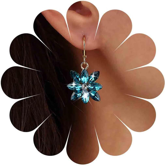 Vintage Blue Crystal Flower Earrings Sapphire Drop Earrings Rhinestone Flower Hoop Earrings Blue Gem Flower Stud Earrings Jewelry for Women