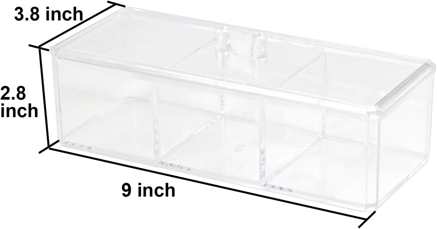 Clear Bathroom Dresser Organizer - Cotton Ball Swab Holder with 3 Divided Compartments&Lid, , Waterproof Transparent Small Plastic Storage Containers, Vanity Makeup Organization
