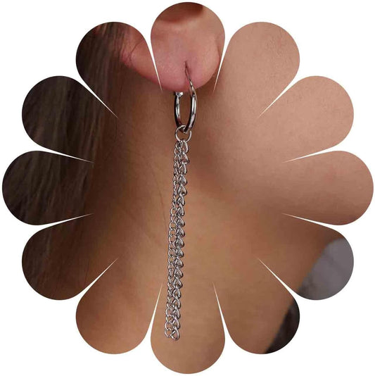 Vintage Tassel Chain Earrings Silver Fringe Chain Earrings Long Chain Dangle Earrings Punk Thick Chain Huggie Hoop Earrings Jewelry for Women