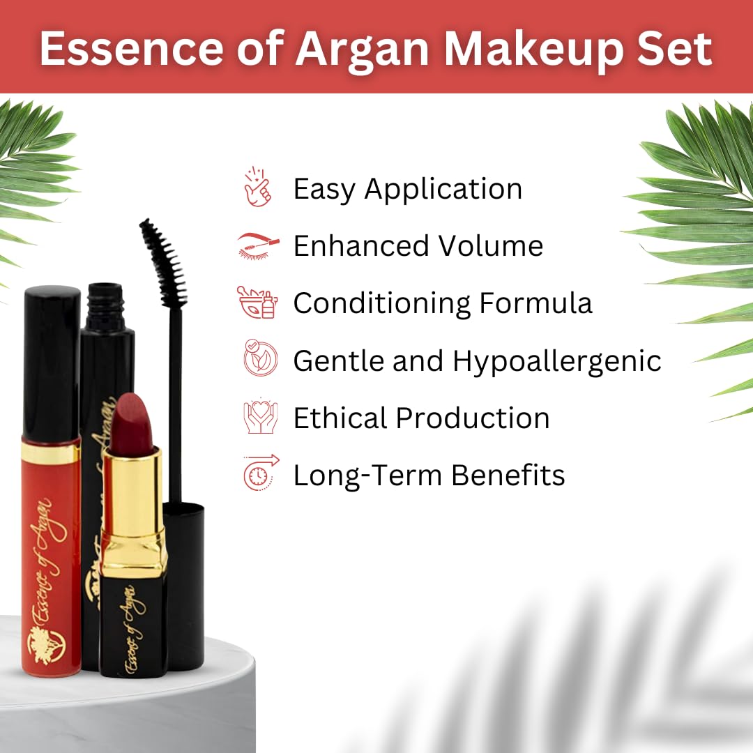Essence of Argan Moisturizing Lipstick, Nourishing Lip Gloss & Lash Conditioner Mascara with 100% Pure Organic ECOCert Argan Oil - Voluptuous Sexy Lips & Longer Stronger Lashes Makeup Set