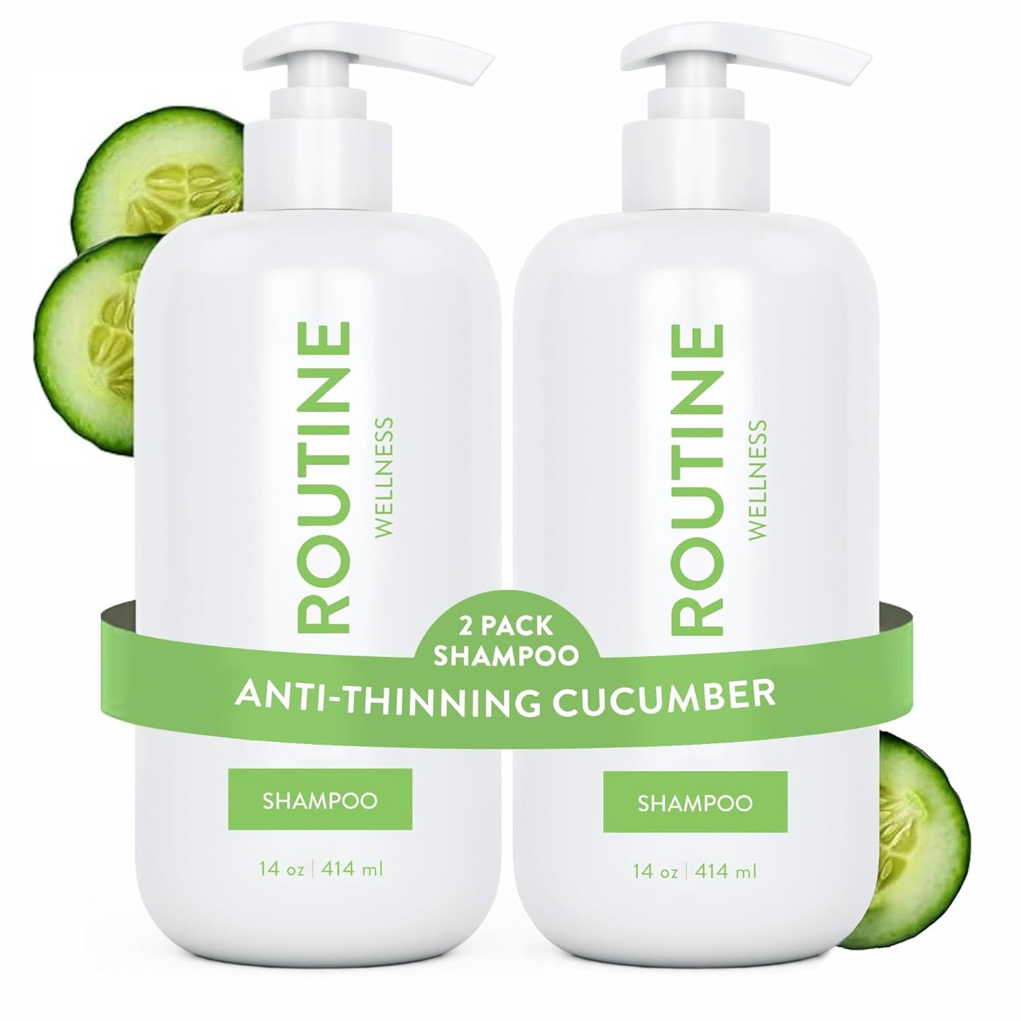 Routine Wellness Anti-Thinning Shampoo for Thinning Hair - Biotin DHT Blocker Women & Men - Color Safe Shampoo for Hair Loss & Healthy Hair - Cucumber (Pack of 2)