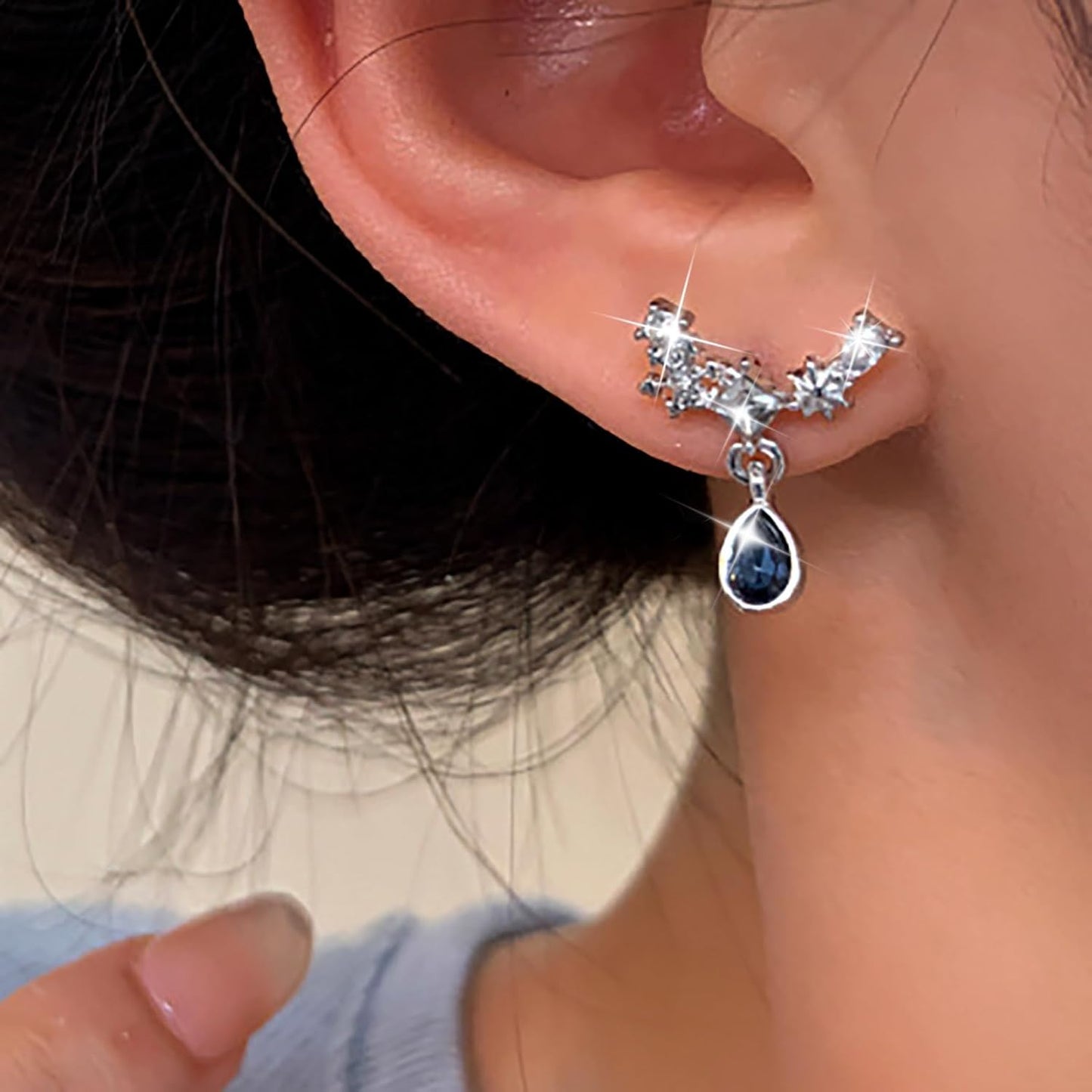 Vintage Teardrop Sapphire Earrings Crystal Climber Earrings Blue Sapphire Dangle Earrings Silver Sparkly Cz Rhinestone Earrings Jewelry for Women