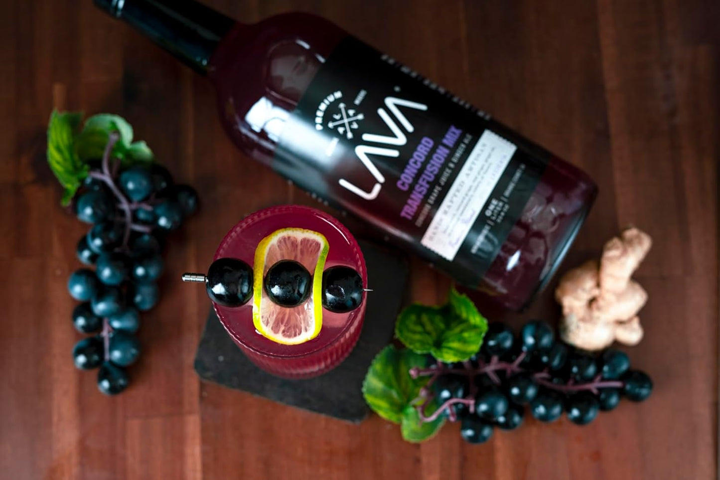 LAVA Premium Concord Transfusion Mix made with concord grape juice, real ginger, ginger ale, no artificial sweeteners, 1-Liter (33.8oz) Glass Bottle, Ready to Use