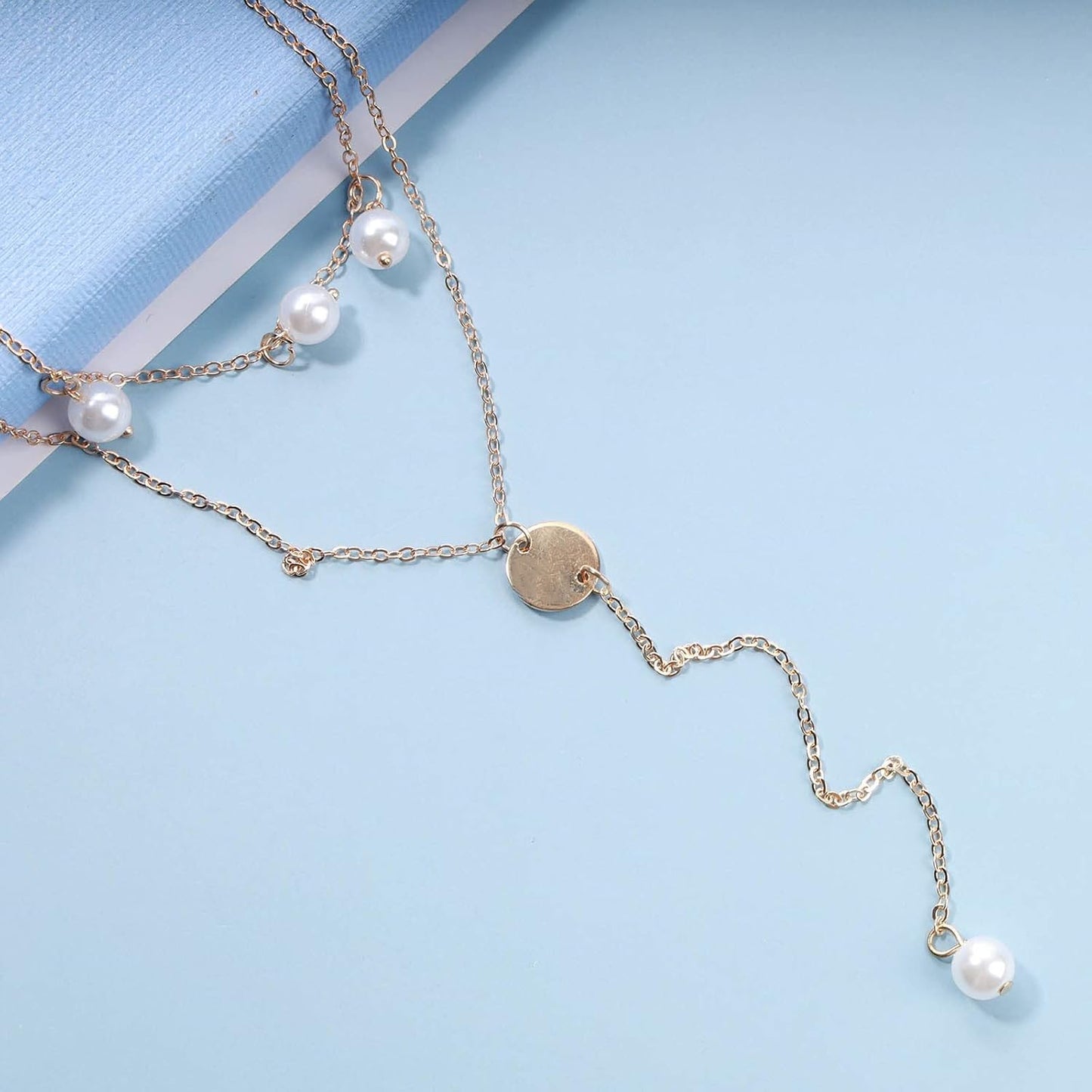 Boho Layered Disc Pearl Necklace Gold Coin Pendant Necklace Long Y Lariat Necklace Chain Vintage Pearl Dangle Chain Necklace Jewelry for Women and Girls Gifts