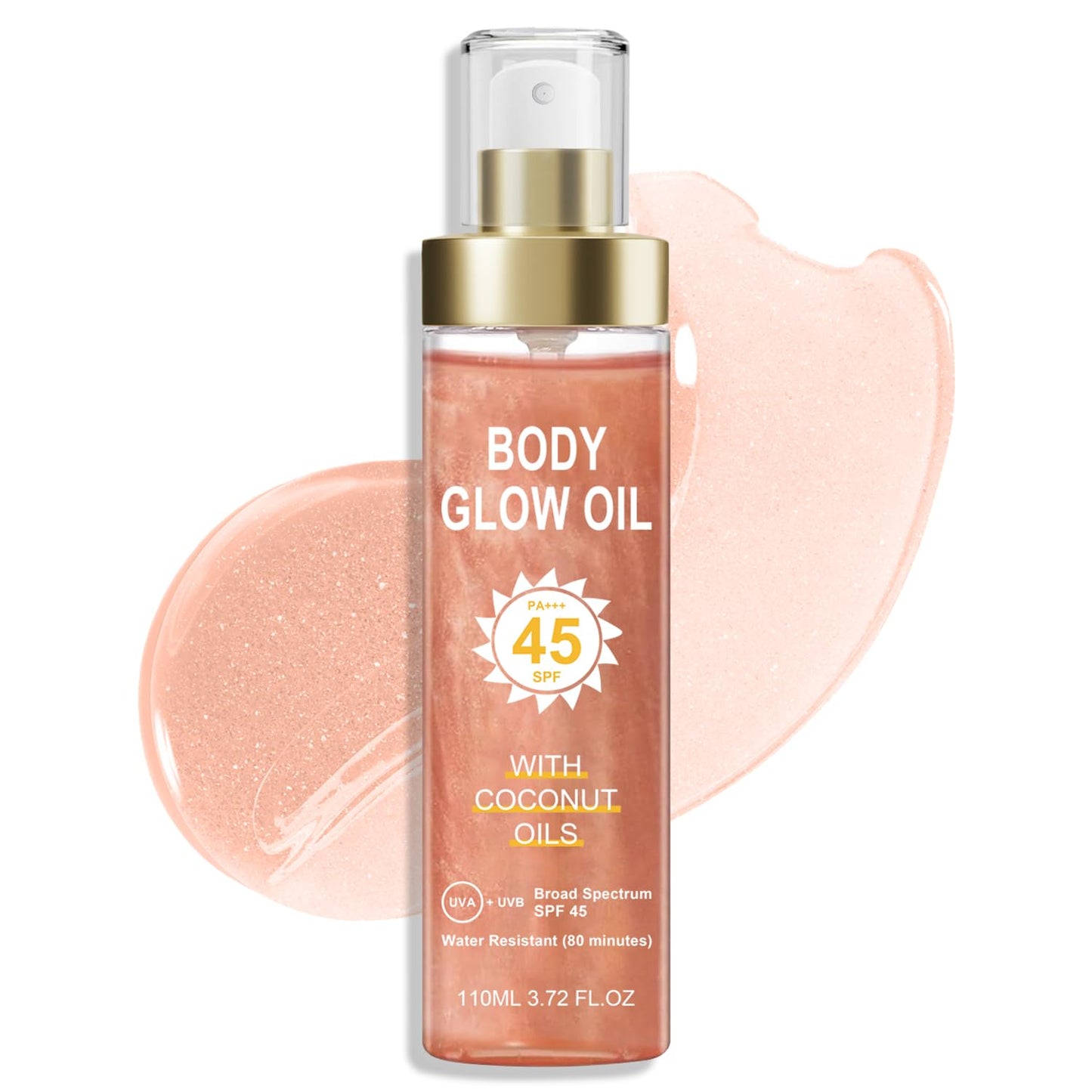 Body Glow Oil, Sunscreen Shimmer Oil, SPF 45 Broad Spectrum, Body Oil with with Coconut Oils, Moisturizing Glow for Face & Body, Liquid Illuminator Highlighter, Water Resistant, 3.72 fl oz (#02 ROSE)
