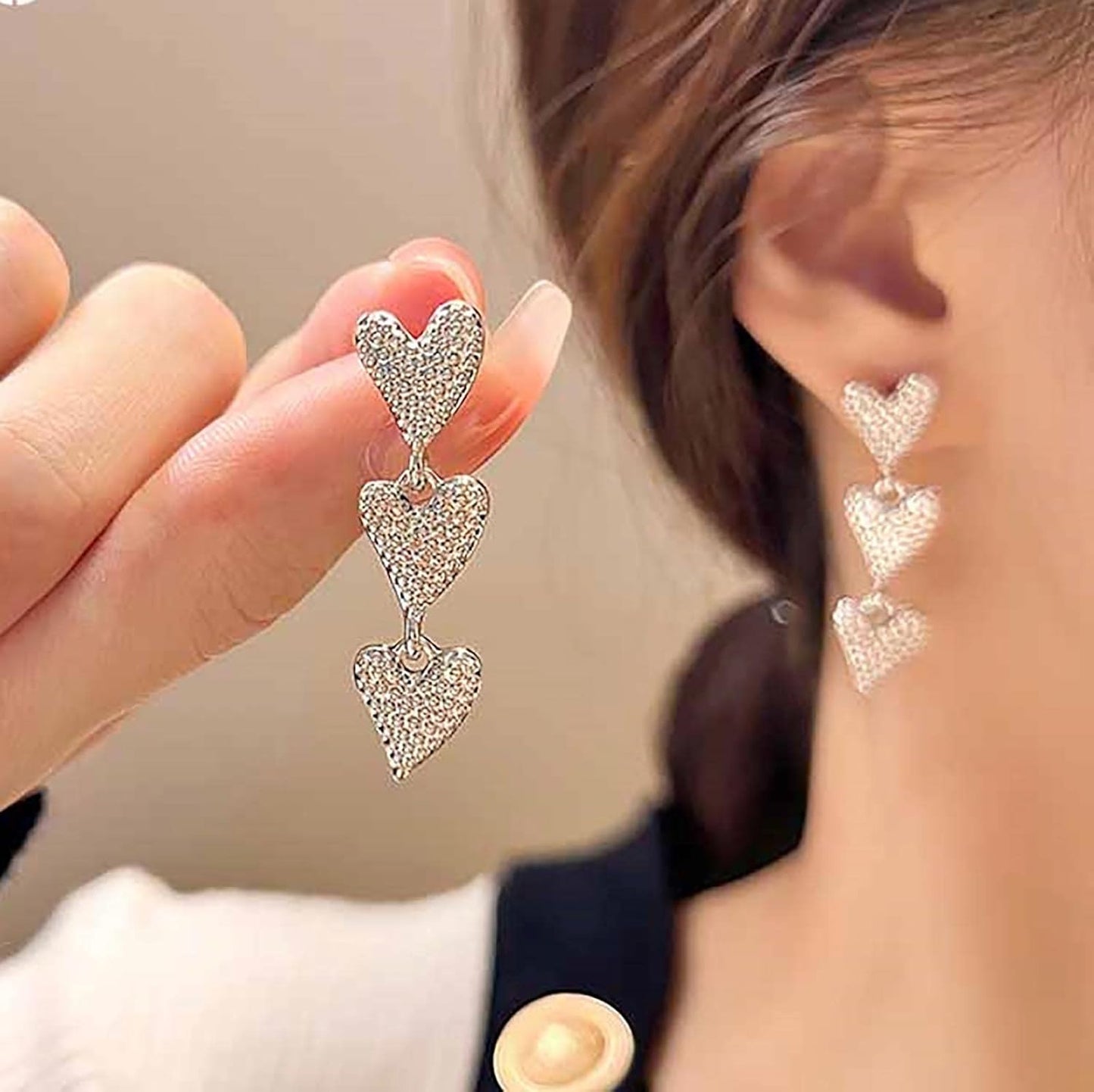 Vintage Heart Drop Earrings Long Heart Dangle Earrings Triple Heart Stud Earrings Silver Love Heart Earrings Jewelry for Women