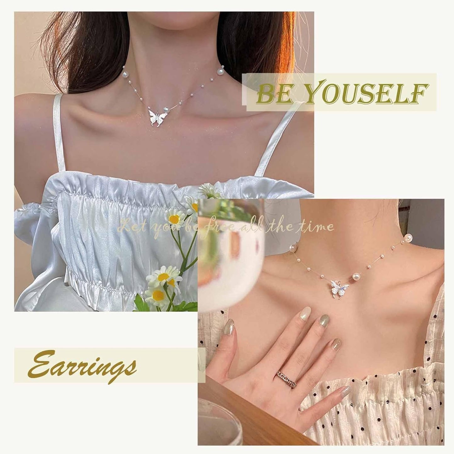 Boho Butterfly Pendant Necklace Choker Vintage Pearl Butterfly Necklace Invisible Line Chain Pearl Necklace Statement Bridal Pearl Satellite Chain Necklace Jewelry for Women