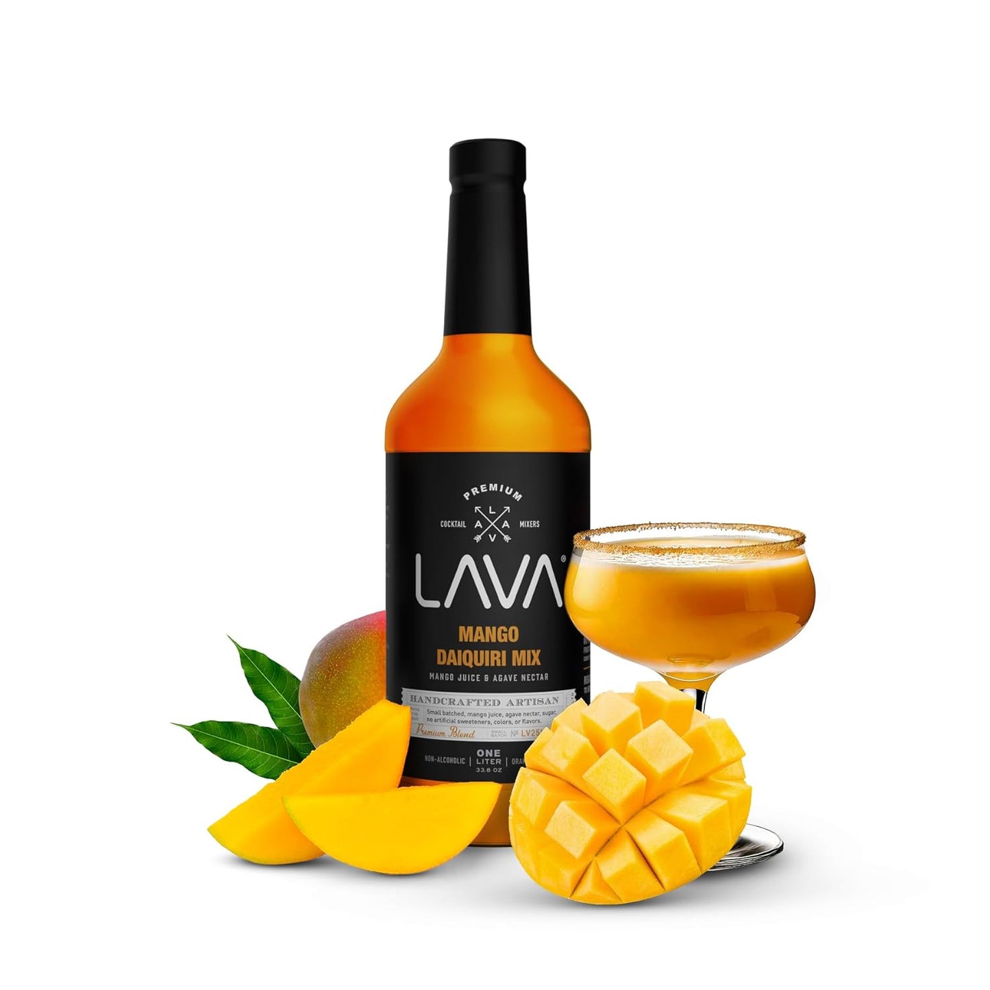 LAVA Premium Mango Daiquiri Mixer Made with Real Mango Juice, Cane Sugar, Agave Nectar. No Artificial Sweeteners, Flavors, or Colors. Gluten Free, Vegan, Non-GMO. 1-liter (33.8oz) Glass Bottle