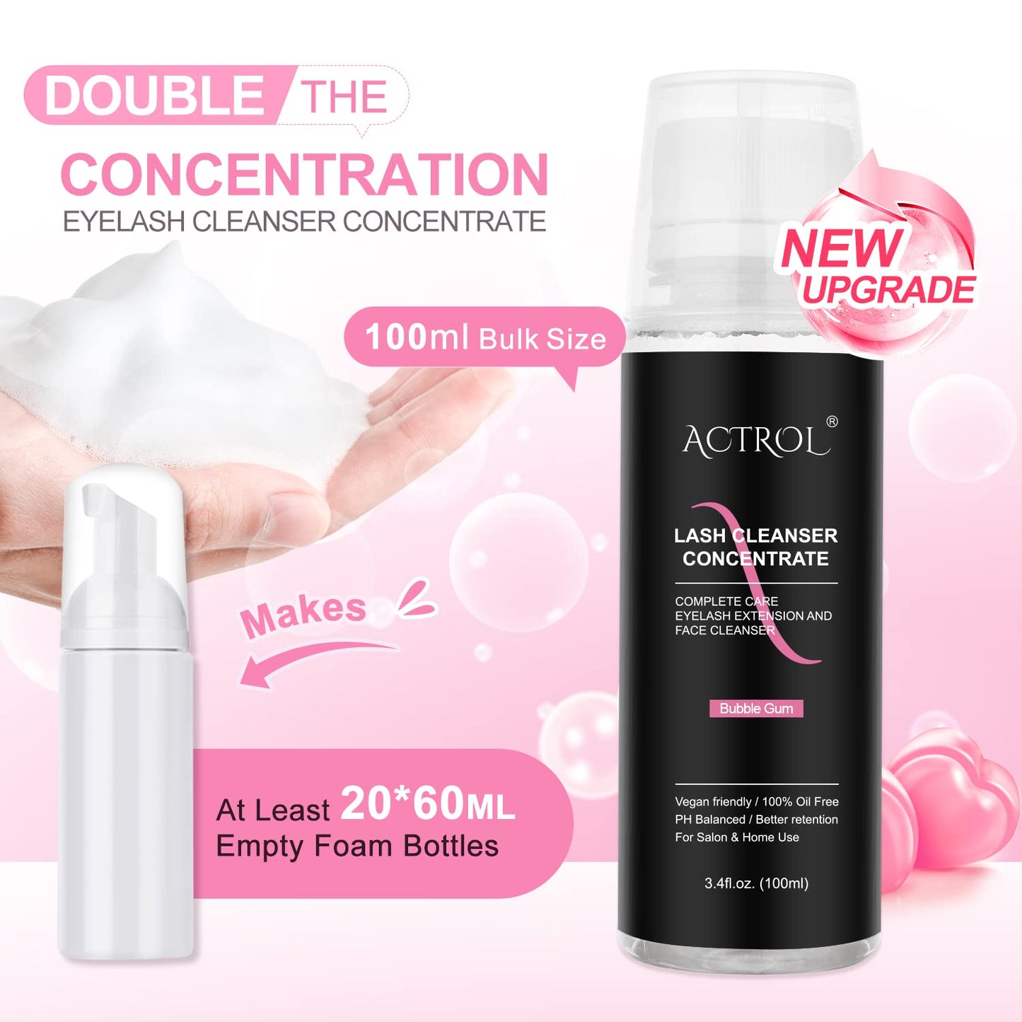 Eyelash Cleanser Concentrate 100ml Bubble Gum Professional Lash Shampoo Foaming Cleanser Lash Wash Concentrate for Extensions Lashes with Salon Home Care-Makes 40 Bottles