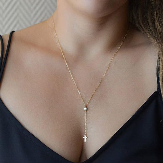 Boho Cross Y Necklace Gold Chain Lariat Rhinestone Drop Cross Pendant Wedding Necklace Charm Fashion Jewelry Gift for Women and Girls