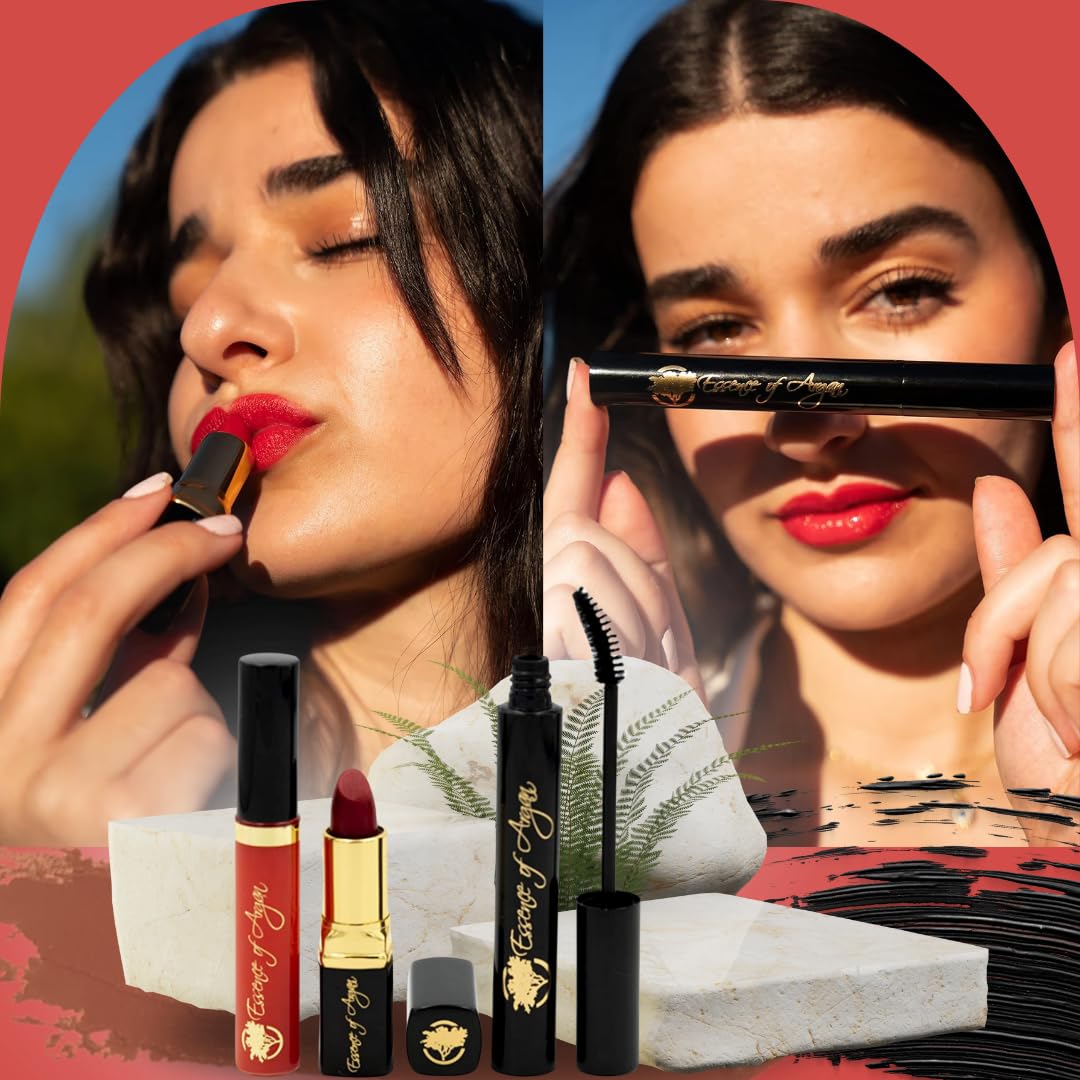 Essence of Argan Moisturizing Lipstick, Nourishing Lip Gloss & Lash Conditioner Mascara with 100% Pure Organic ECOCert Argan Oil - Voluptuous Sexy Lips & Longer Stronger Lashes Makeup Set
