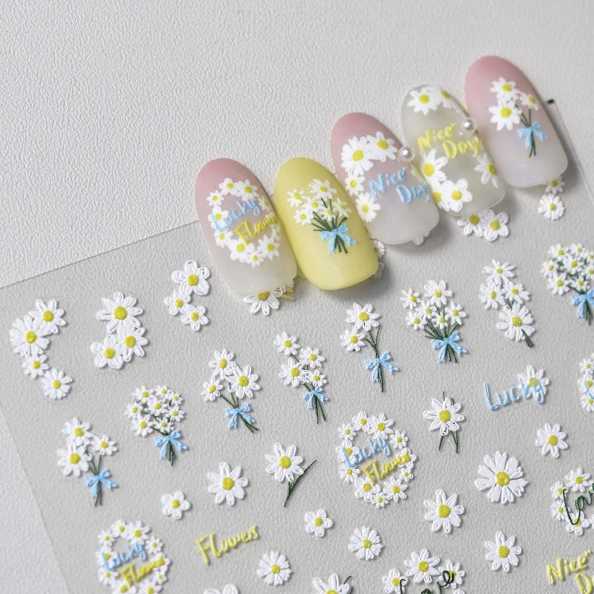 5D Embossed Flower Nail Stickers Spring Floral Nail Art Stickers Daisy Nail Decals Cute Stickers for Nails Designs Self Adhesive Nail Art Supplies & Decorations for Women Girls 1 Sheet