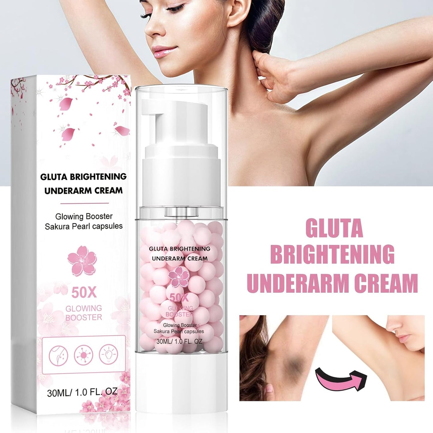 2PCS Gluta Brightening Booster Cream, Underarm Brightening Cream, Brightening Booster Sakur Pearl Capsules,Body Care Cream,Exfoliating Body Gel For Women