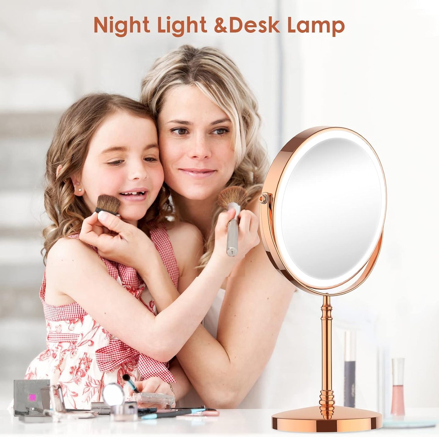Lighted Makeup Mirror, 3000 mAh Rechargeable Double Sided Magnifying Vanity Mirror with 3 Colors, 1x/10x, 360° Rotation , Brightness Adjustable Magnification Cosmetic Light up Mirror, Women Gift