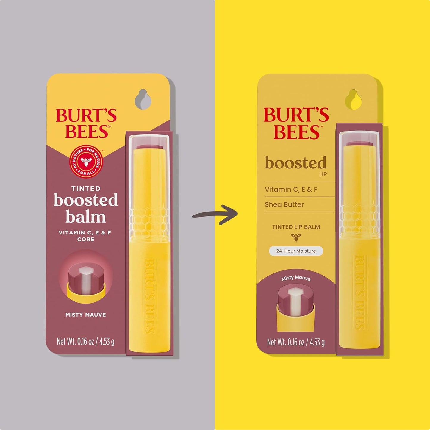 Burt’s Bees Tinted Boosted Balm, Misty Mauve, Hydrating Tinted Lip Balm with Vitamin C, E, and F Core, 24 Hour Lip Moisturizer with Responsibly Sourced Beeswax, 100% Natural Origin, 1 Count, 0.16oz