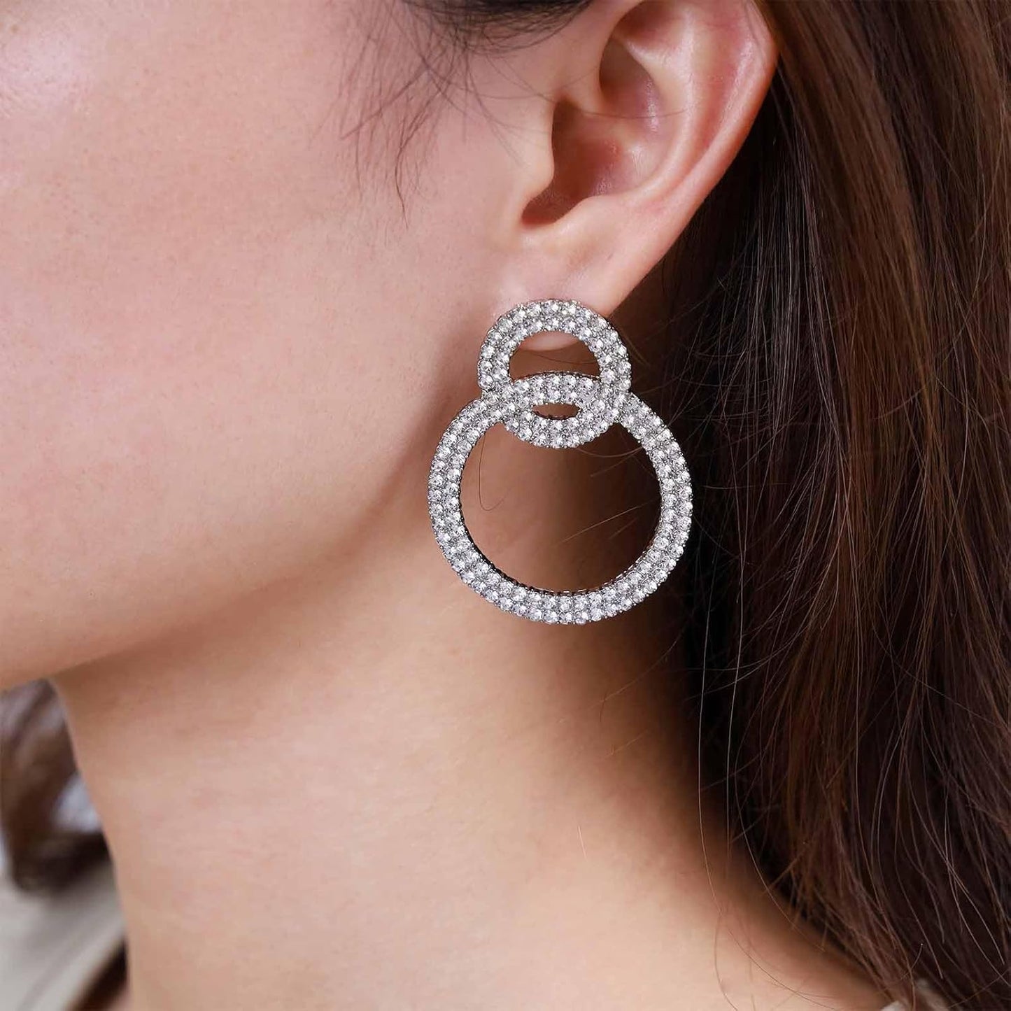 Vintage Crystal Circle Drop Earrings Double Circle Hoop Earrings Gold Cz Circle Dangle Earrings CZ Hollow Circle Earrings Jewelry for Women