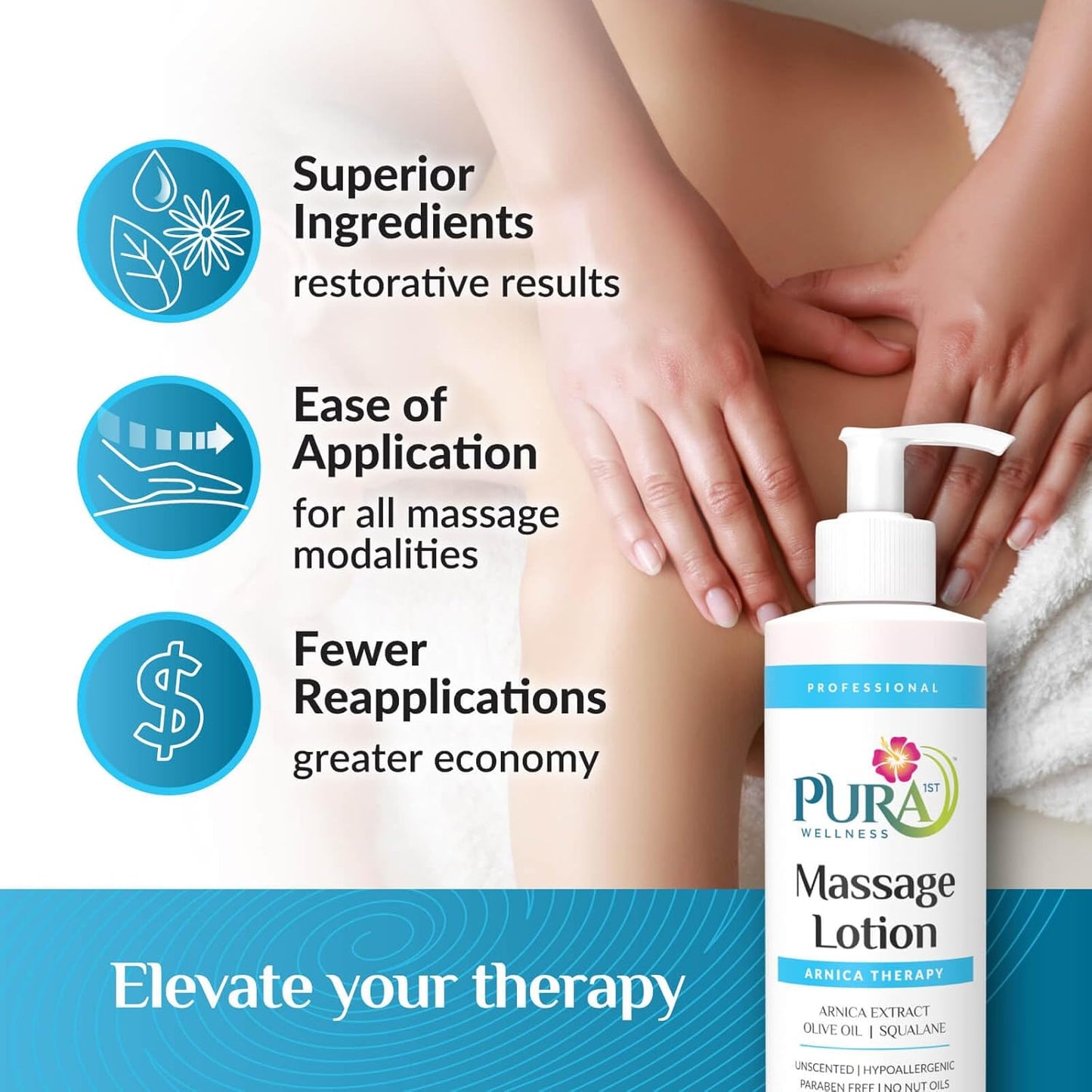 Wellness Professional Arnica Therapy 8oz Massage Lotion, for Bruising, Olive Oil, Arnica Extract, Unscented, Hypoallergenic, Natural, Skin Moisturizing and Hydrating, Deep Tissue