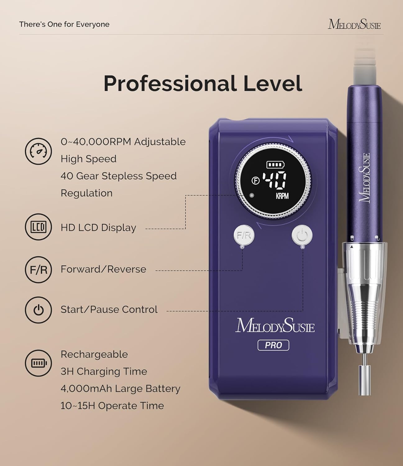 MelodySusie Professional 2 in 1 Nail Drill Kit 40,000 RPM, MB420G Brushless Portable Cordless Rechargeable Electric Nail File, Efile Nail Drill Machine for Acrylic Gel Nails Polishing Removing, Purple