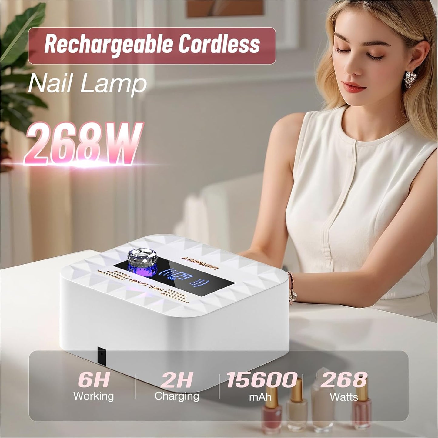 268W UV Nail Lamp Cordless, LadyMisty UV Light for Gel Nails with Convenient Knob, Dual Light Source Precise Curing & LCD Display Screen, Portable Wireless Nail Lamp, Fast Curing for Nail Salon & Home