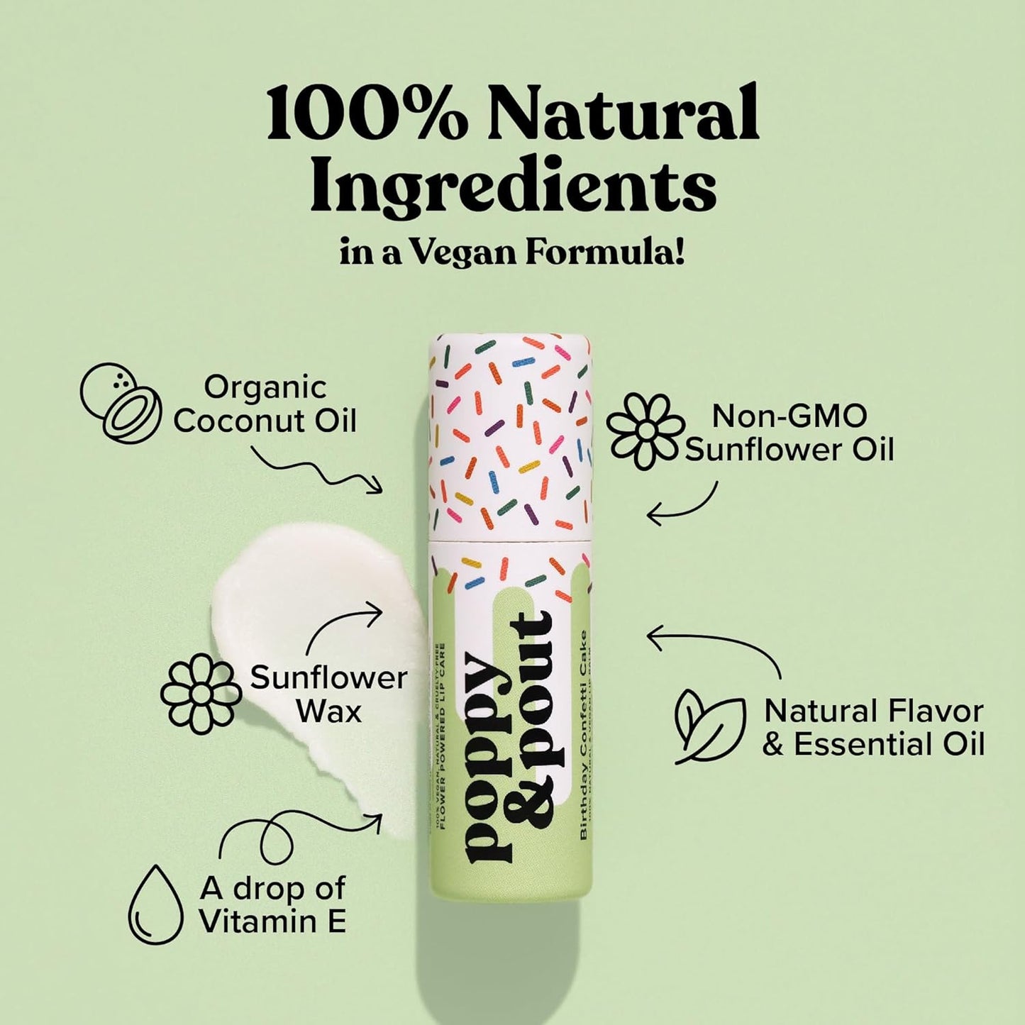 Poppy & Pout Birthday Cake Jumbo Lip Balm | All Natural Lip Balms & Moisturizers | Hydrates with Beeswax, Vitamin E, Organic Coconut Oil | Cruelty-Free | Lip Balm in Recyclable Cardboard Tube (Green)