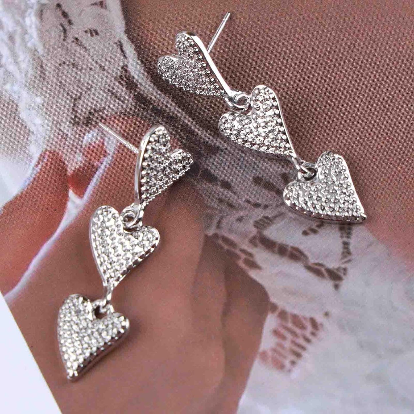 Vintage Heart Drop Earrings Long Heart Dangle Earrings Triple Heart Stud Earrings Silver Love Heart Earrings Jewelry for Women