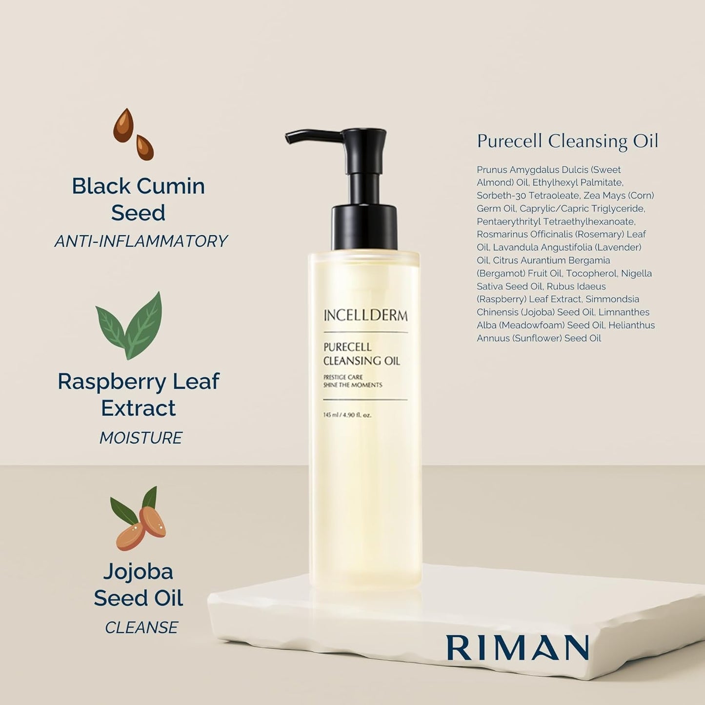 Riman Incellderm Purecell Cleansing Oil | 4.9 fl oz | Gentle Makeup Remover and Hydrating Cleanser | Lightweight and Non-Comedogenic | Suitable for Various Skin Types | Plant-Based Formula