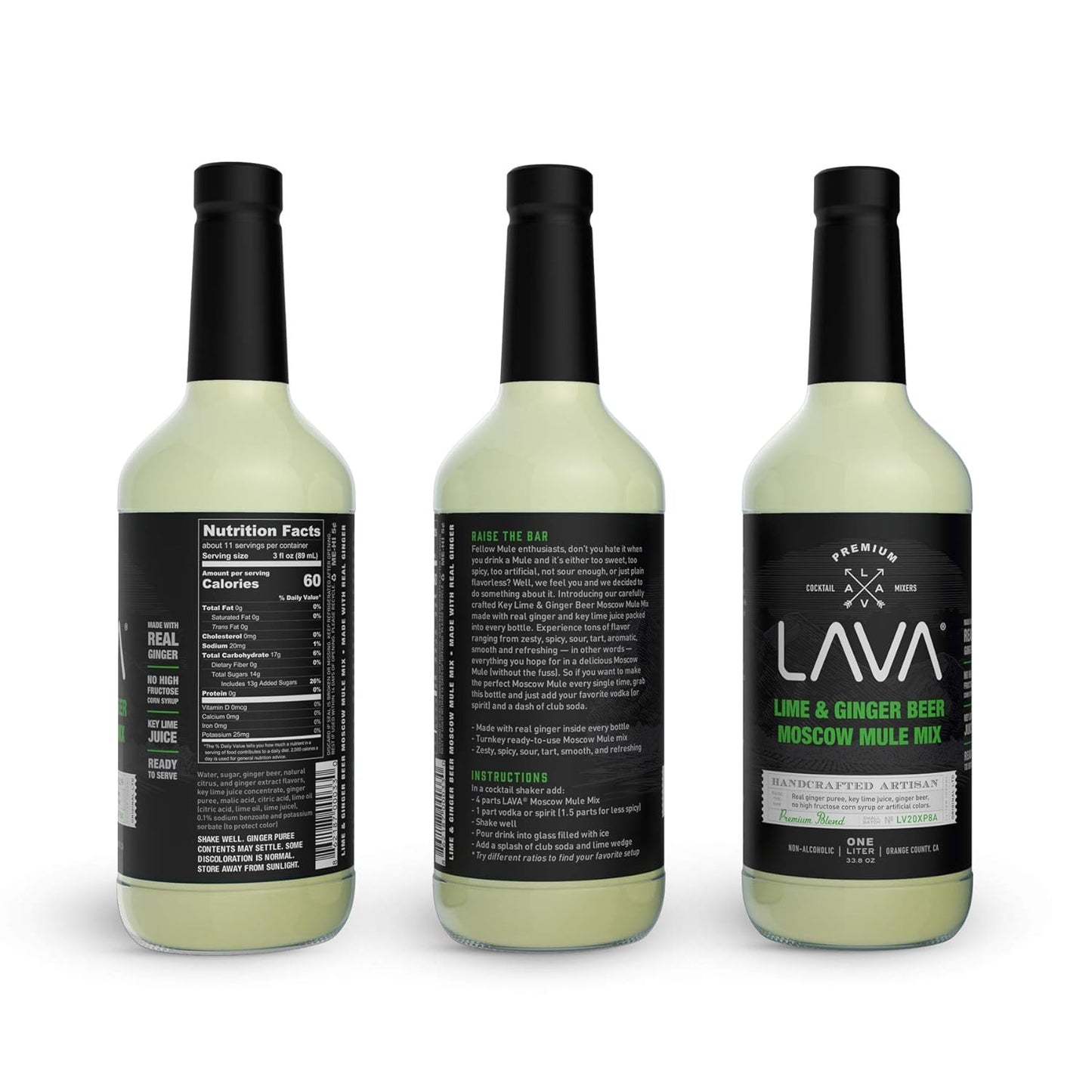 LAVA Premium Spicy Moscow Mule Mix by LAVA Craft Cocktail Co., Made with Ginger Beer, Key Lime Juice, Real Ginger Puree, No Artificial Sweeteners, Ready to Use, 1-Liter (33.8oz) Glass Bottle