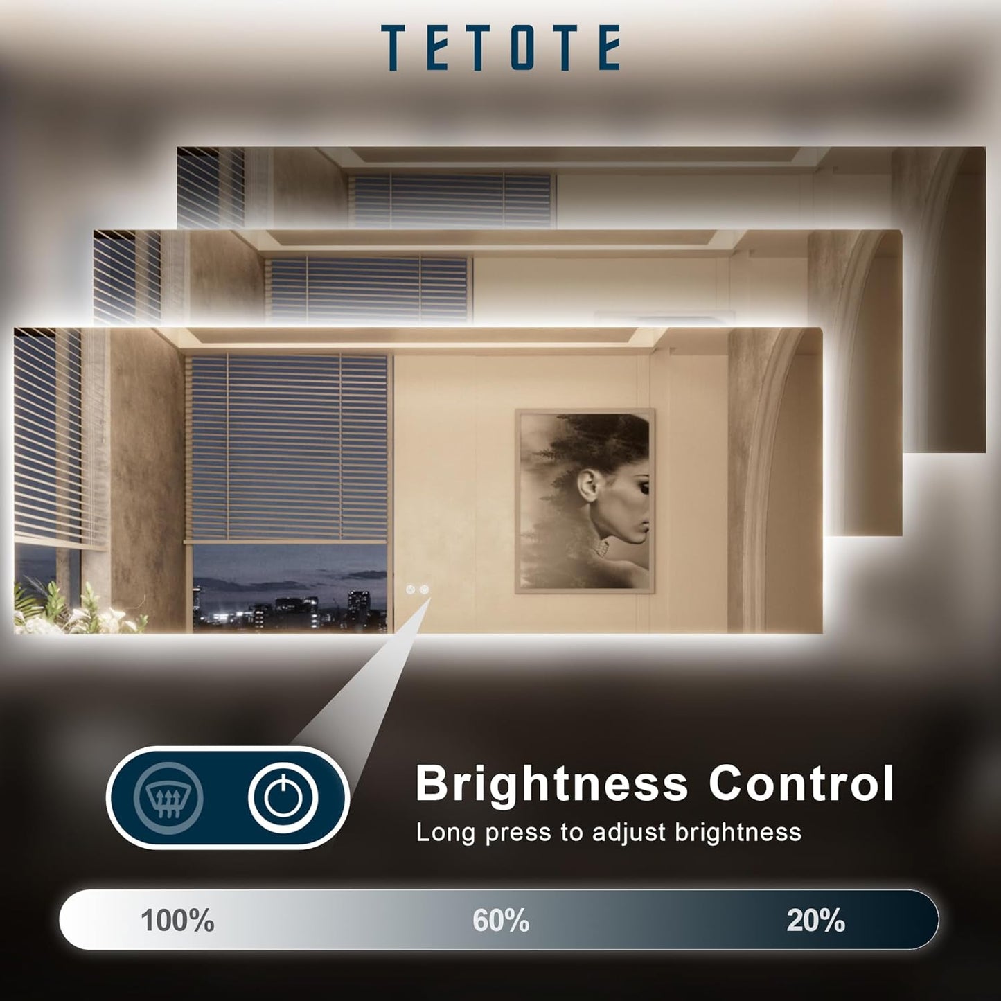 TETOTE 30 x 36 Inch LED Backlit Bathroom Mirror with Lights, 3Color White/Warm/Natural, Anti-Fog Lighted Mirror,Dimmable,Vanity Mirror,Wall Mounted