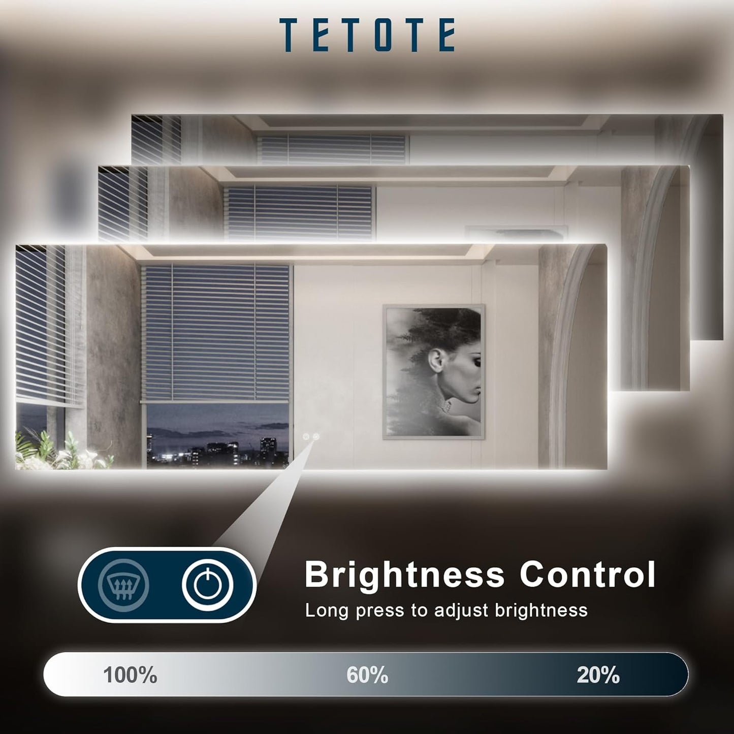 TETOTE 40 x 28 Inch LED Mirror Backlit Bathroom,Anti-Fog Mirror with Light,Dimmable,CRI90+,IP54 Water Proof,Wall Mounted Vanity Lighted,Horizontal/Vertical