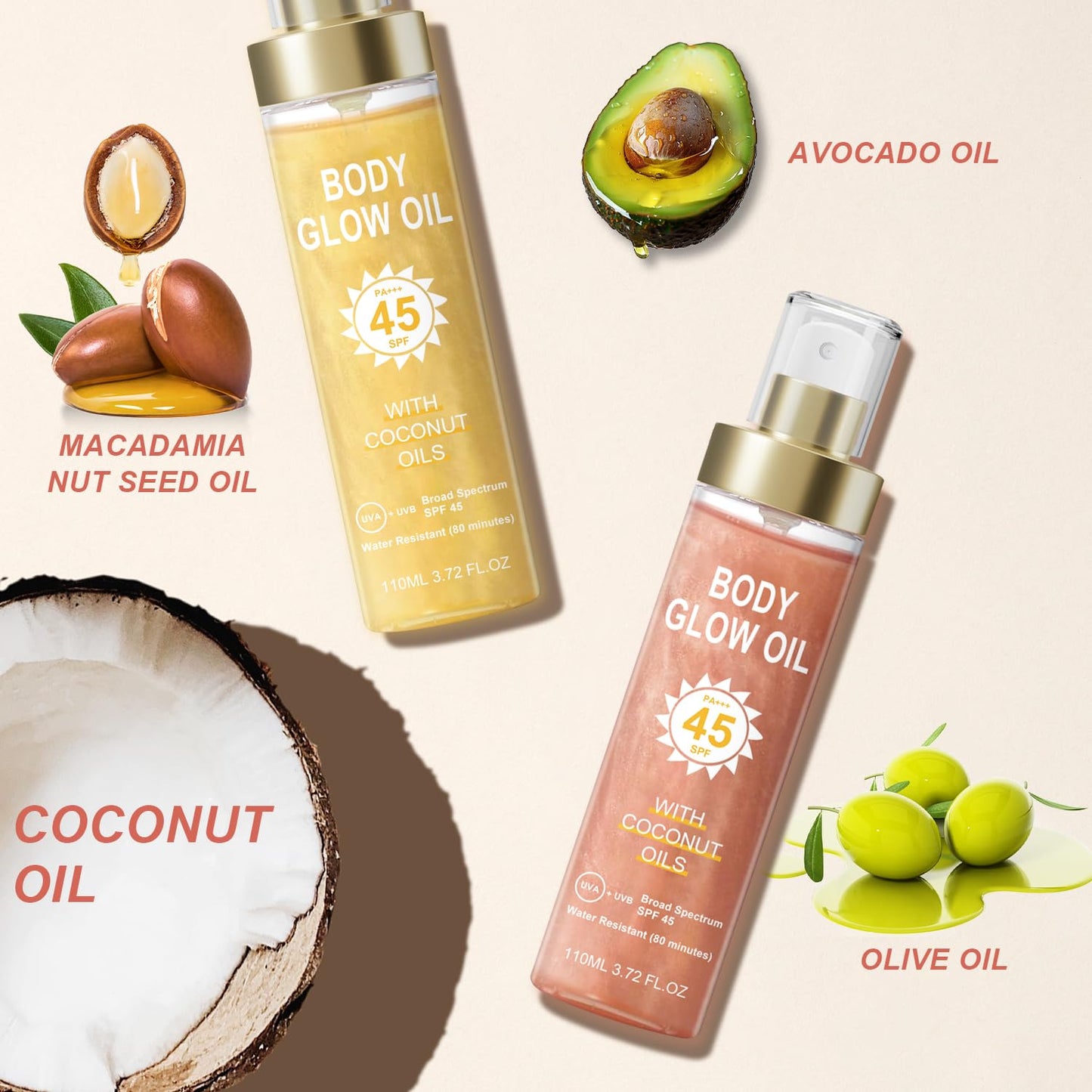 Body Glow Oil, Sunscreen Shimmer Oil, SPF 45 Broad Spectrum, Body Oil with with Coconut Oils, Moisturizing Glow for Face & Body, Liquid Illuminator Highlighter, Water Resistant, 3.72 fl oz (#02 ROSE)