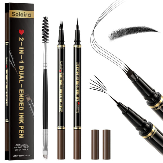 Eyebrow Pen, Soleira Waterproof Eyebrow Pencil with 4 Tip Microblading Eyebrow Pen and Dual-ended Eyebrow Brush, for Natural-Looking Brows, Long-Lasting, Black