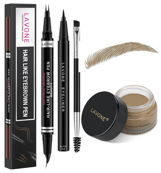 LAVONE Hair-Like Eyebrow Pen Makeup kit, Eyebrow Pencils for Women with Waterproof Microblading Eyebrow Pencil, Eyebrow Pomade, Eyeliner and Eyebrow Brush, Create Full, Natural Brows, Dark Blonde