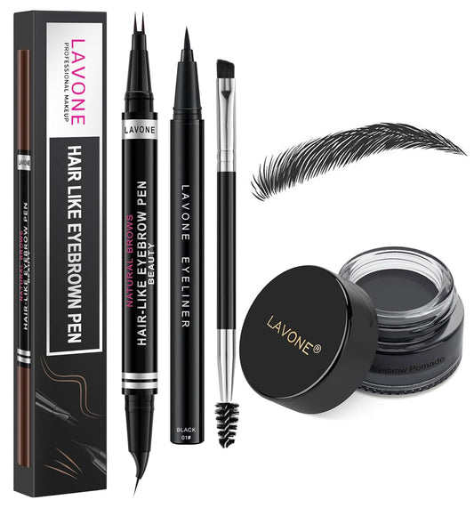 LAVONE Hair-Like Eyebrow Pen Makeup kit, Eyebrow Pencils for Women with Waterproof Microblading Eyebrow Pencil, Eyebrow Pomade, Eyeliner and Eyebrow Brush, Create Full, Natural Brows, Black