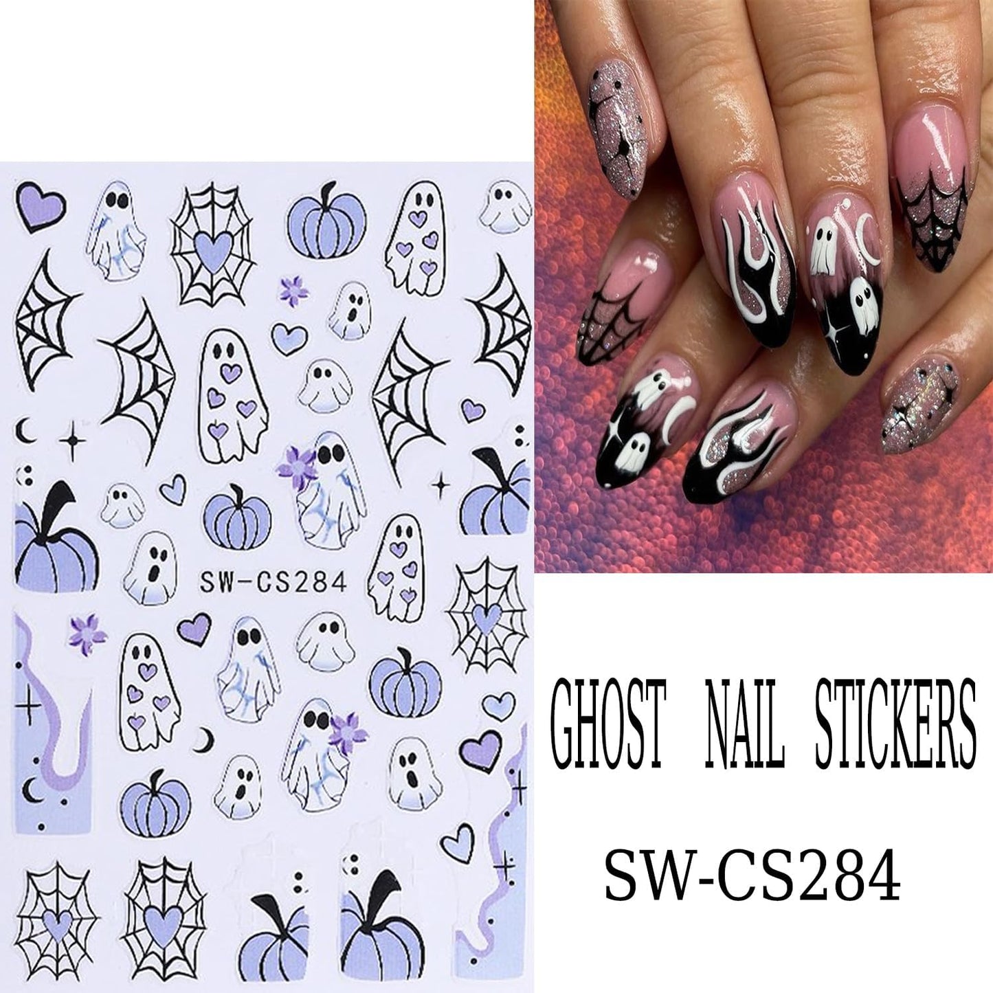 6 Sheets Halloween Nail Art Stickers 3D Self -Adhesive Cute Ghost Pumpkin Nail Decals Holographic Heart Spider Web Skeleton Flame Nail Stickers Halloween Nail Decoration for Women Manicure Supplies