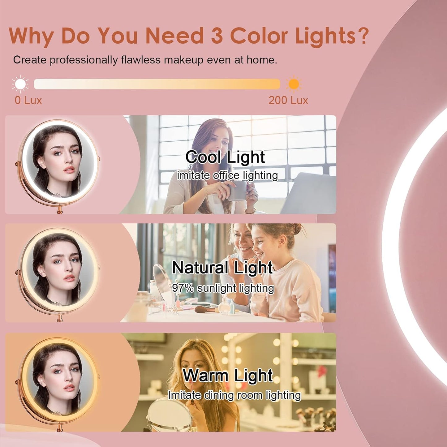 Lighted Makeup Mirror, 3000 mAh Rechargeable Double Sided Magnifying Vanity Mirror with 3 Colors, 1x/10x, 360° Rotation , Brightness Adjustable Magnification Cosmetic Light up Mirror, Women Gift