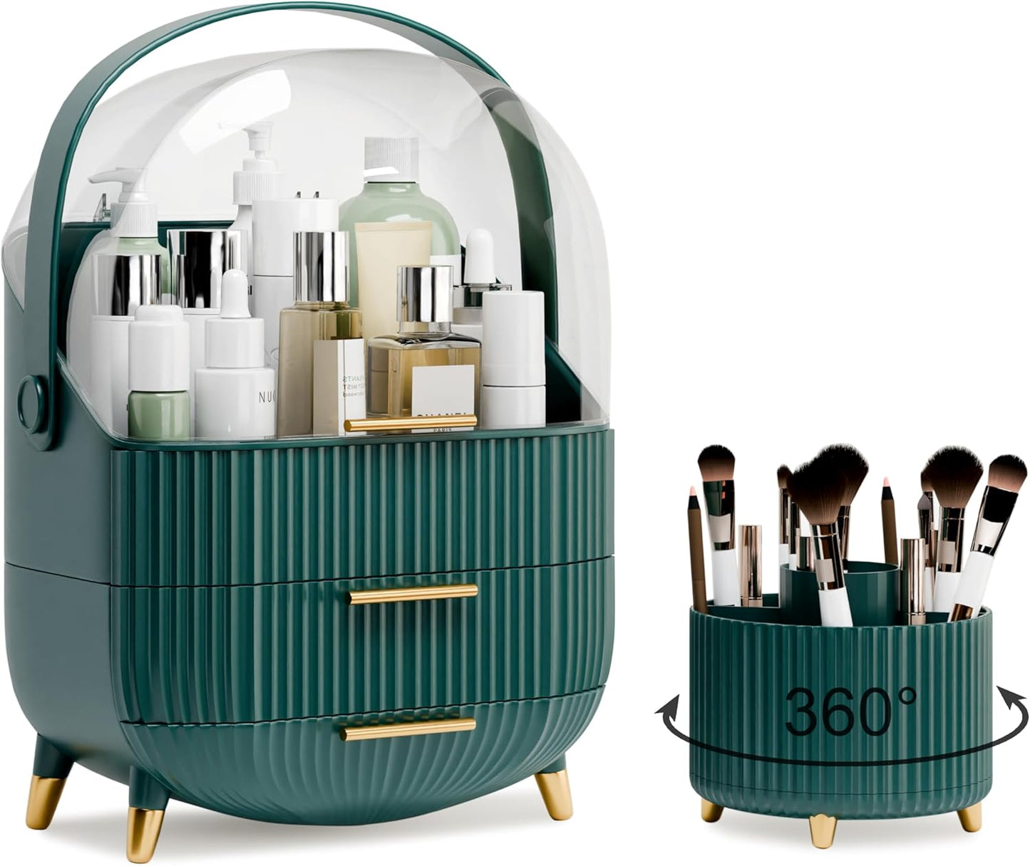 Makeup Organizers and Storage Make up Organizer for Vanity Cosmetics Skincare With Lid and Drawers Display Cases for Countertop Bathroom Women Teenager Girl Gifts(Dark Green+Brush Holder)