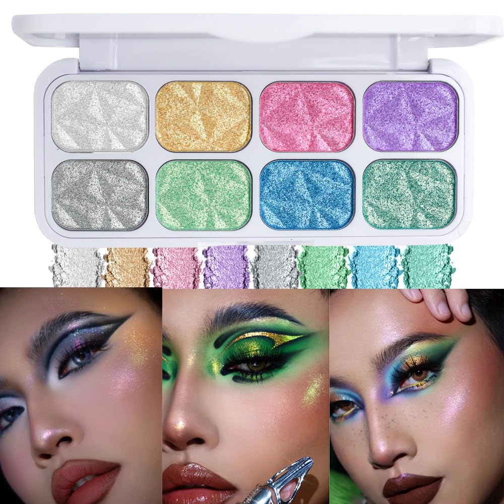 8-Color Highlighter & Contour Palette - Shimmer, Glitter, Iridescent Multichrome Holographic Eyeshadow for Face & Cheek, Purple Rainbow Highlight Makeup