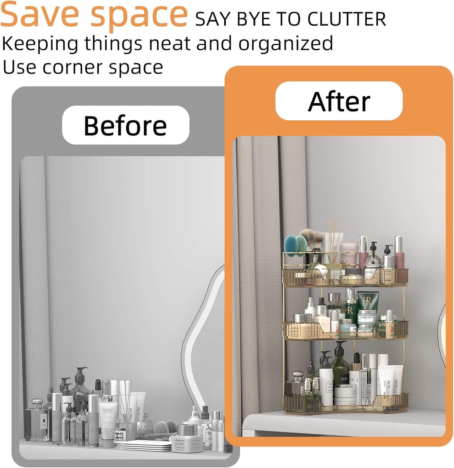 Corner Bathroom Counter Organizer with Top Toothbrush Holders, 3-Tier Make Up Organizers for Vanity with Brush Holder, Corner Storage for Bathroom, Kitchen, Dresser