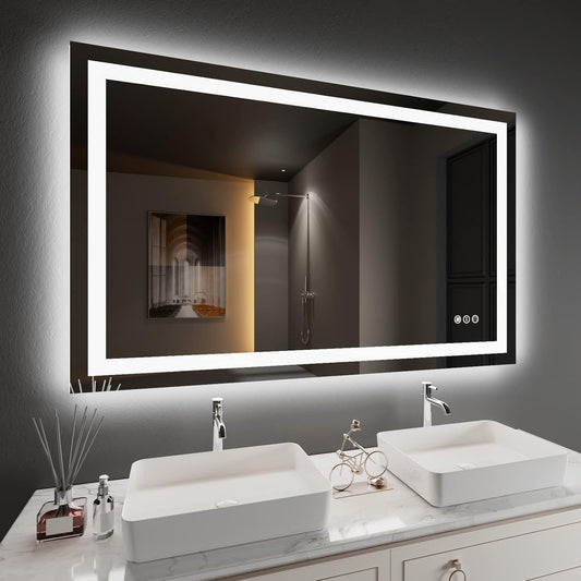 Amorho LED Bathroom Mirror 48'' X30'' with Front and Backlit, Stepless Dimmable Wall Mirrors with Anti-Fog, Shatter-Proof, Memory, 3 Colors, Double LED Vanity Mirror (Horizontal/Vertical)