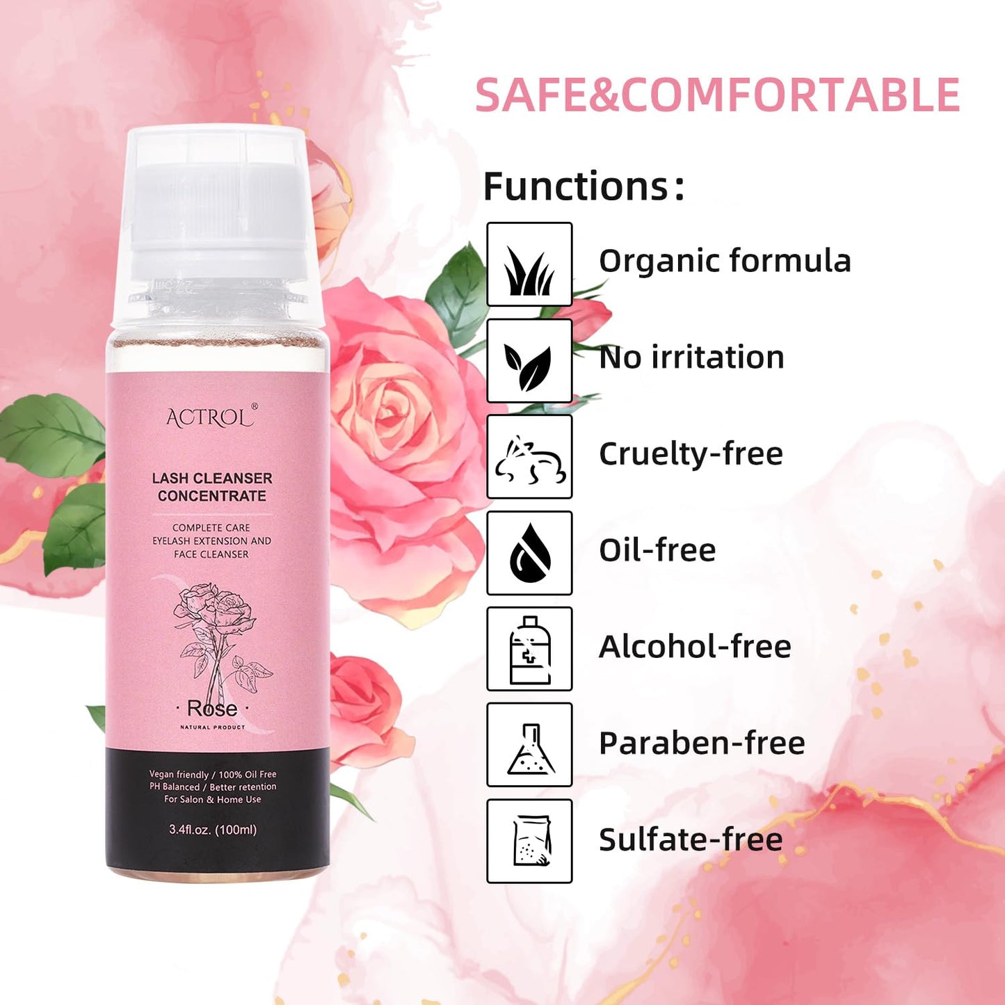 Eyelash Shampoo Concentrate 100ml Lash Extensions Cleanser Concentrate Rose Natural Foaming Shampoo Wash for Extensions Lashes with Salon Home Care-Makes 60ml Bottles