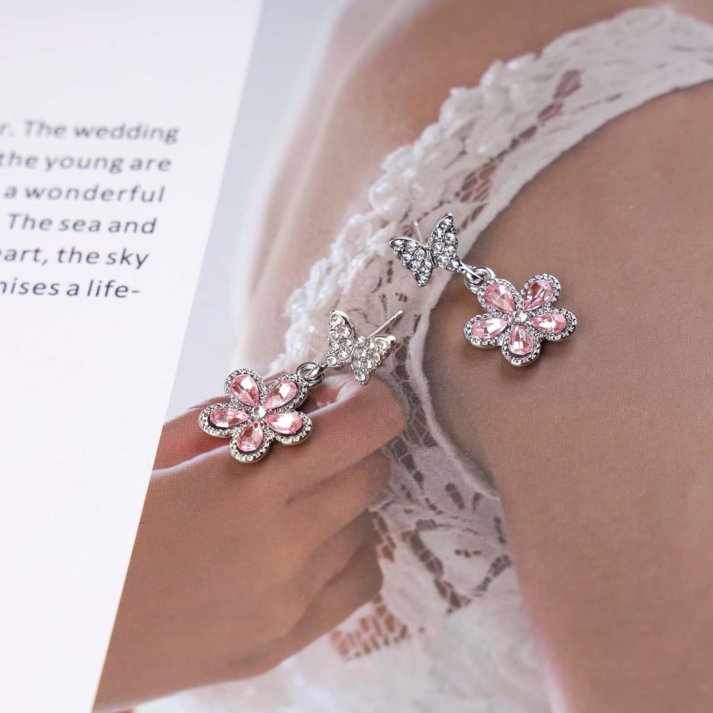 Vintage Pink Crystal Flower Earrings Butterfly Flower Drop Earrings Silver Rhinestone Butterfly Stud Earrings Pink Gemstone Butterfly Earrings Jewelry for Women