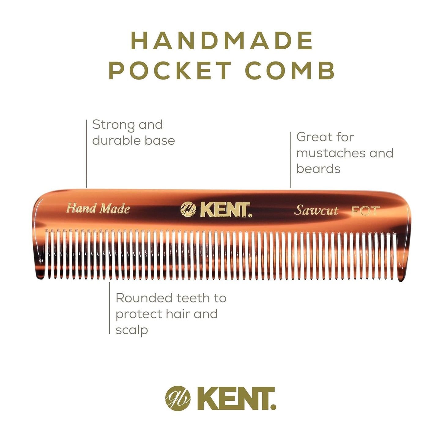 Kent FOT Tortoise Fine Tooth Handmade Pocket Comb for Men, Women and Kids, Hair Comb Straightener for Everyday Grooming and Styling, Beard and Mustache, Saw Cut and Hand Polished, Made in England
