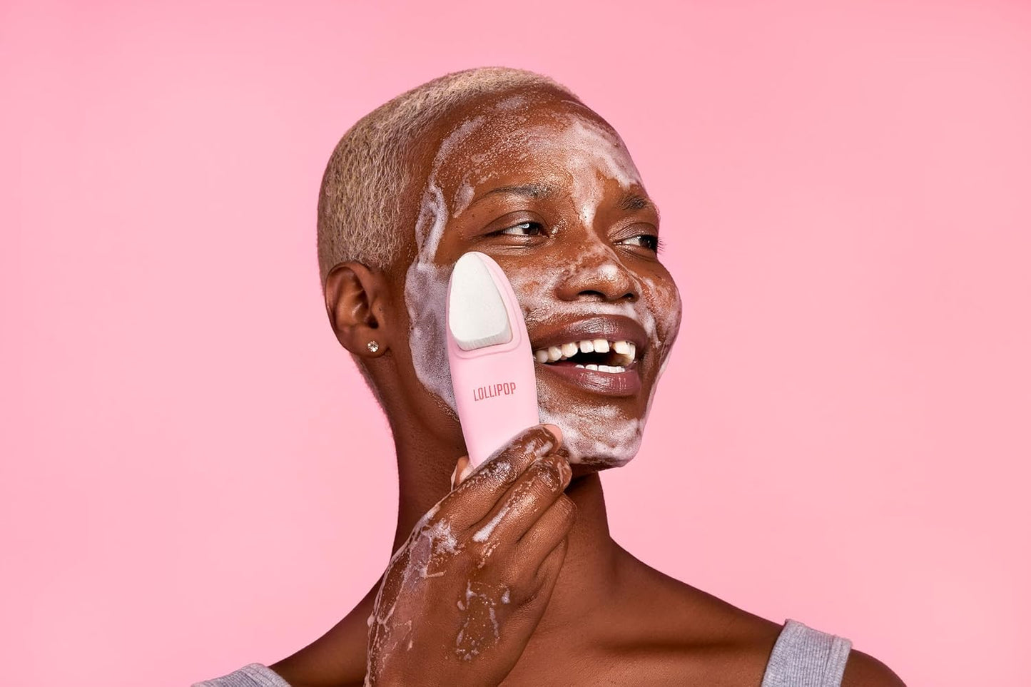 LOLLIPOP Dual-Sided Facial Cleansing Brush | Handle Size Silicone Face Exfoliator and Soft Fiber Cleanser | Manual Face Scrubber for Pores, Makeup Removal, Blackhead and Skincare Routine, Bubblegum