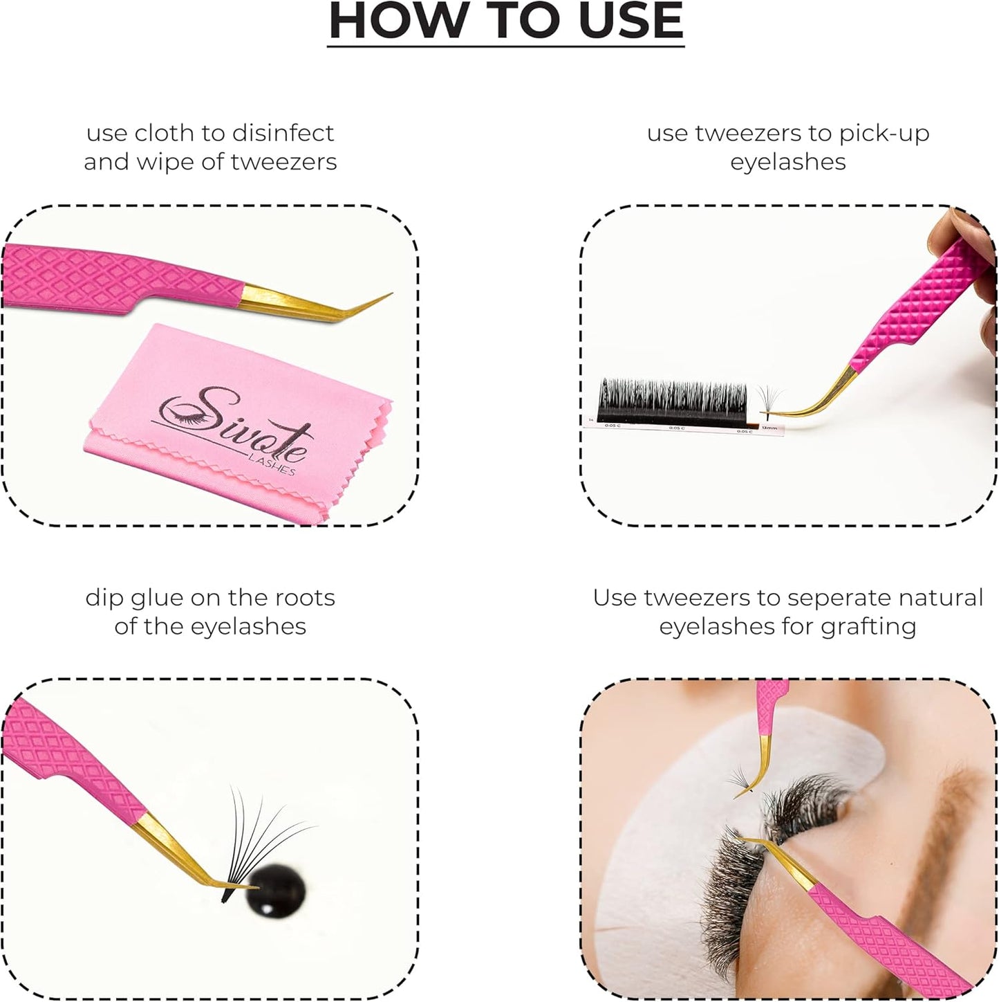 SIVOTE Fiber Tip eyelash tweezers for lash extensions with Diamond Grip, Pink, Set of 4 - Precise Tips Japanese Steel for Classic, Volume & Mega Volume Lashes, Anti-Rust - Ideal for Lash Artists