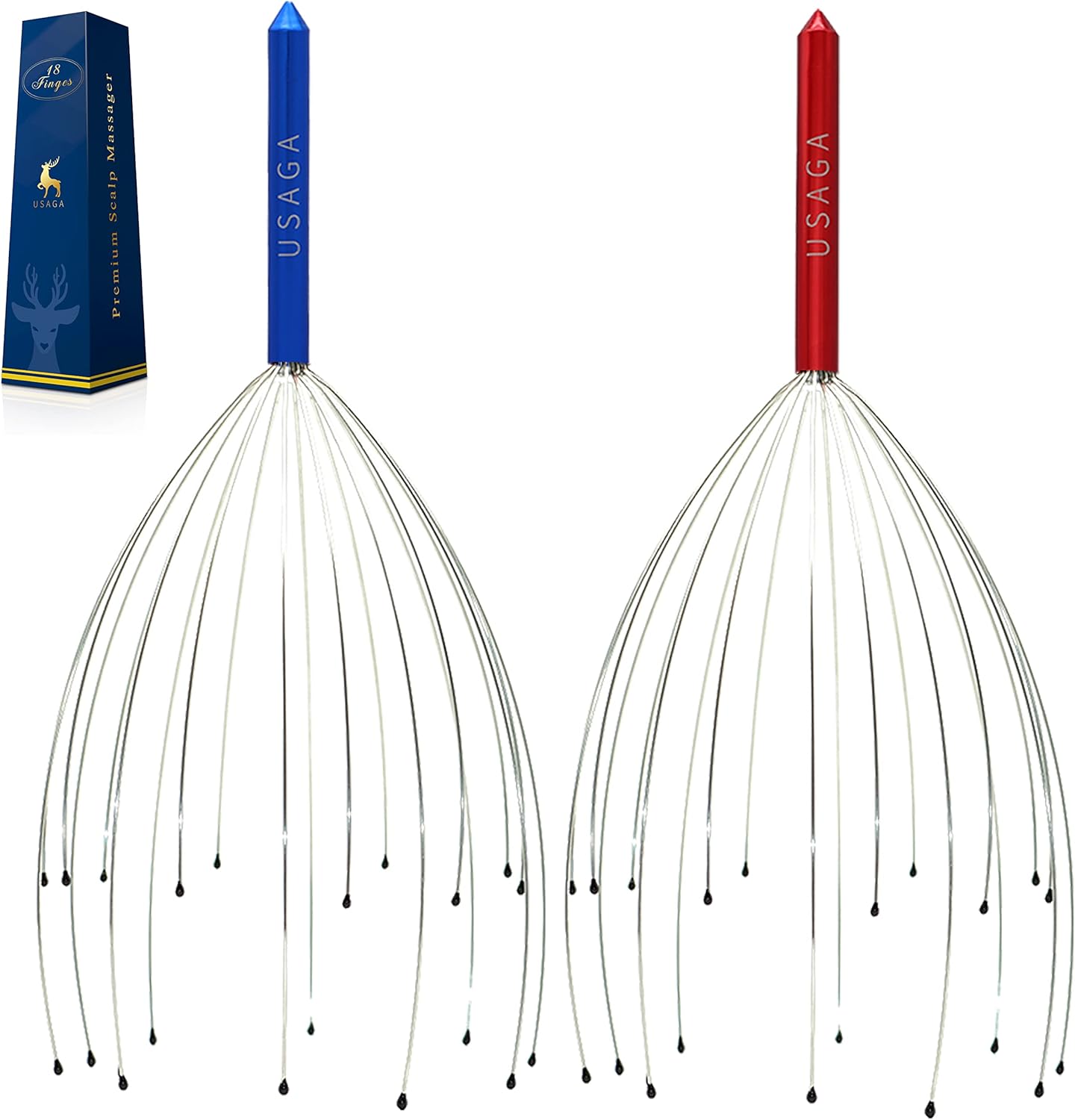 USAGA Head Massager Scalp Massager 20 Fingers Head Scratcher for Scalp Body Relaxing (Red & Blue)